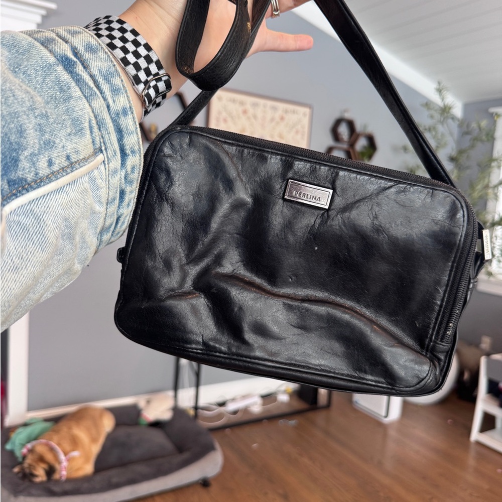 VINTAGE Perlina NY Designer Black Soft Leather Messenger Bag